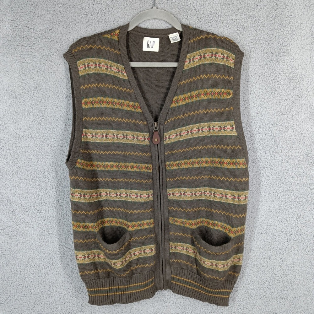 GAP Vintage Mens Large Merino Wool Sweater Vest Full Zip Striped Pockets Brown